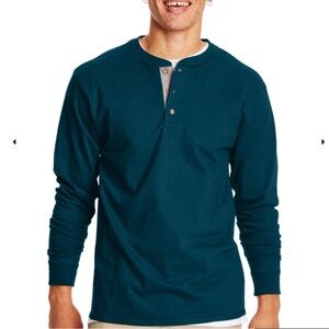 Teal Hanes Beefy-T Long Sleeve Henley size XL NEW